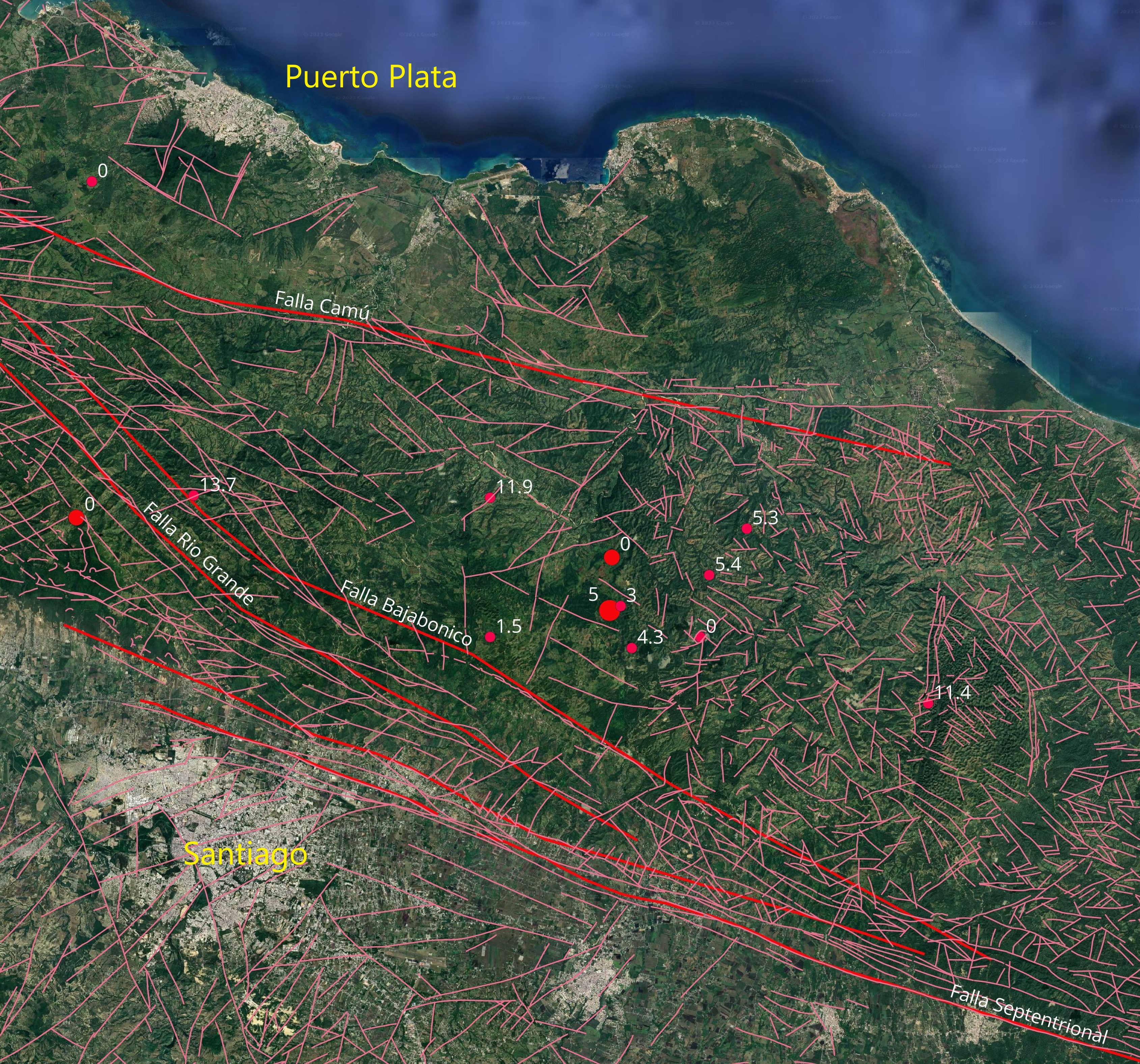 Detalle sismicidad al norte de Santiago. Se muestran los epicentros del mes y sus profundidades en km. Los lineamientos en color rosa indican fallas según los mapas a escala 1:50,000 del proyecto SYSMIN del Servicio Geológico Nacional.