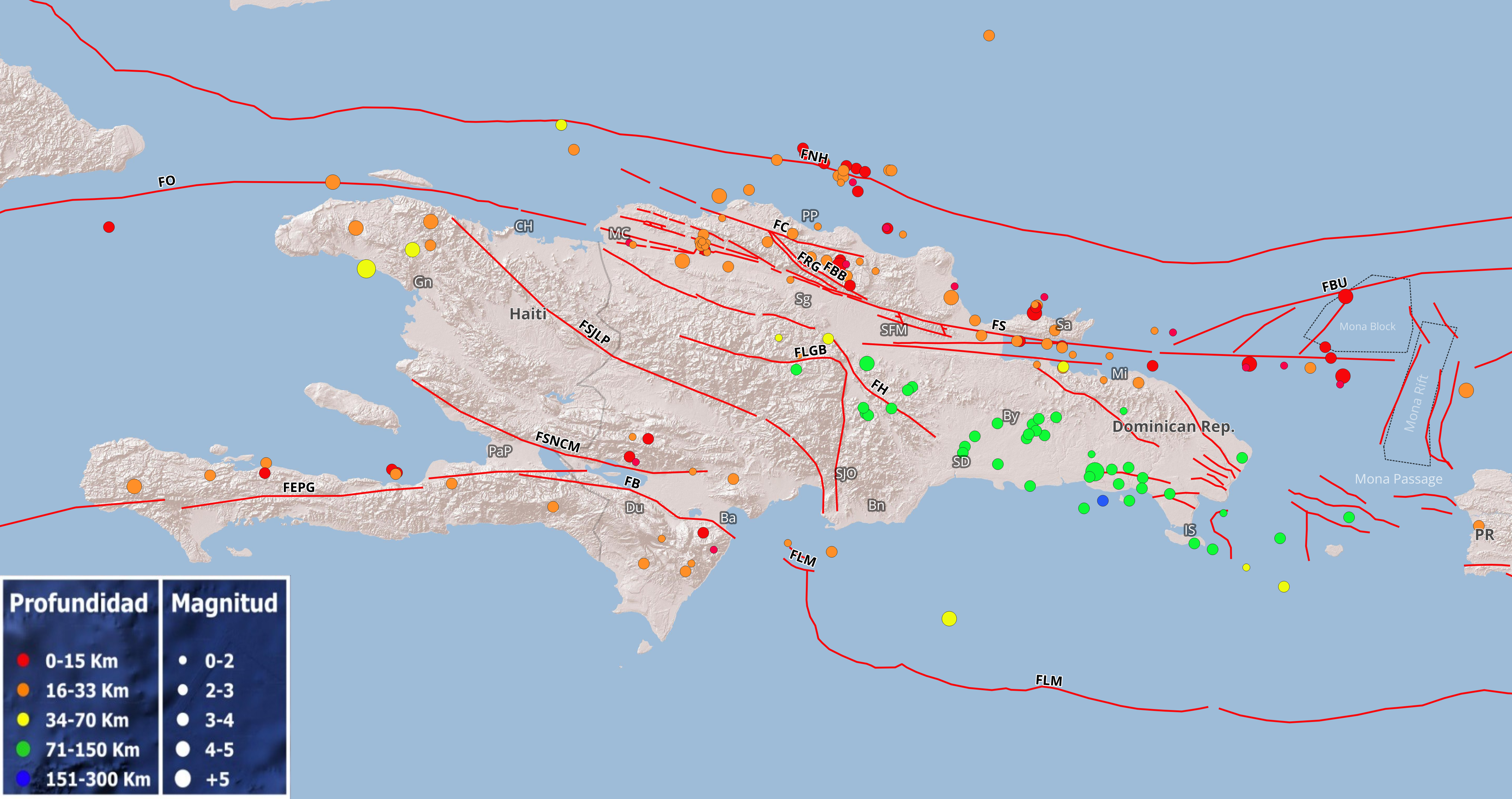 Imagen N° 1 , mapa de La Española cortesía de Esri maps mostrando con globos en colores los diferentes epicentros registrados durante el mes de mayol 2026. Con lineamientos rojos, las principales fallas compiladas de diferentes trabajos publicados: FNH: Falla Norte de la Hispaniola, FC: Falla Camú, FRG: Falla Rio Grande, FS: Falla Septentrional, FO: Falla Oriente, FBU: Falla Bunce, FSBS: Falla Sur Bahía de Samaná, FY: Falla Yabón, FH: Falla Hispaniola, FLGB: Falla La Guácara-Bonao, FSJLP: Falla San Juan-Los Pozos, FSNCM: Falla Sierra de Neiba-Chaines des Matteaux, FEPG: Falla Enriquillo-Plantain Garden, FB: Falla Bahoruco, y FLM: Falla Los Muertos. PaP: Puerto Príncipe, CH: Cabo Haitiano, Gn: Gonaïves,&nbsp; PP: Puerto Plata, Ba: Barahona, SD: Santo Domingo, Bn: Baní, Du: Duvergé, MC: Monte Cristi, Sg: Santiago, SFM: San Francisco de Macorís, By: Bayaguana, Sa: Samaná, Mi: Miches, SJO: San José de Ocoa, IS: Isla Saona.&nbsp;