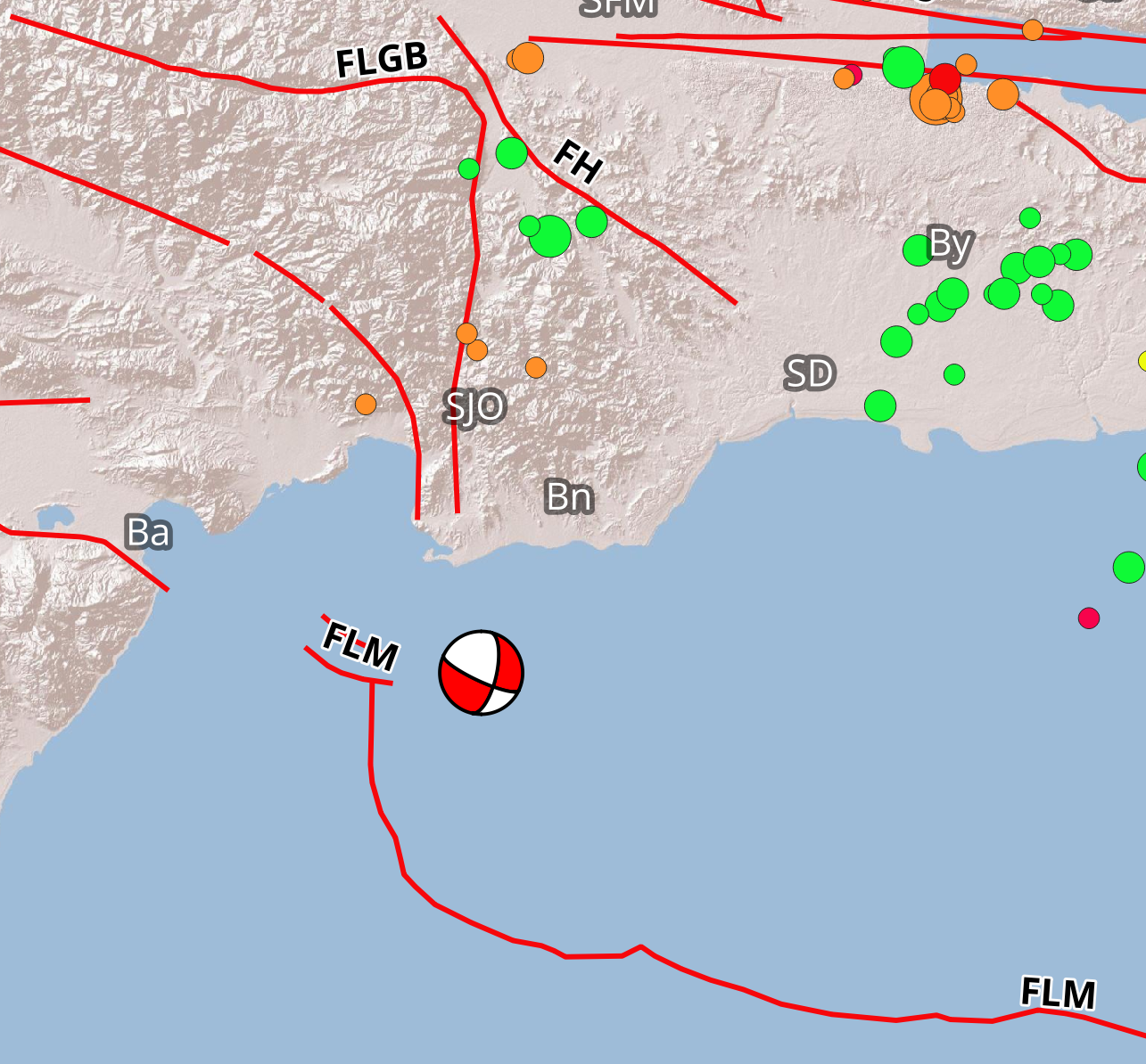 Imagen N° 2, mapa parcial del sur de La Española mostrando el mecanismo focal obtenido para el temblor de Ml 3.3 al sur de Baní&nbsp; ilustrado como 