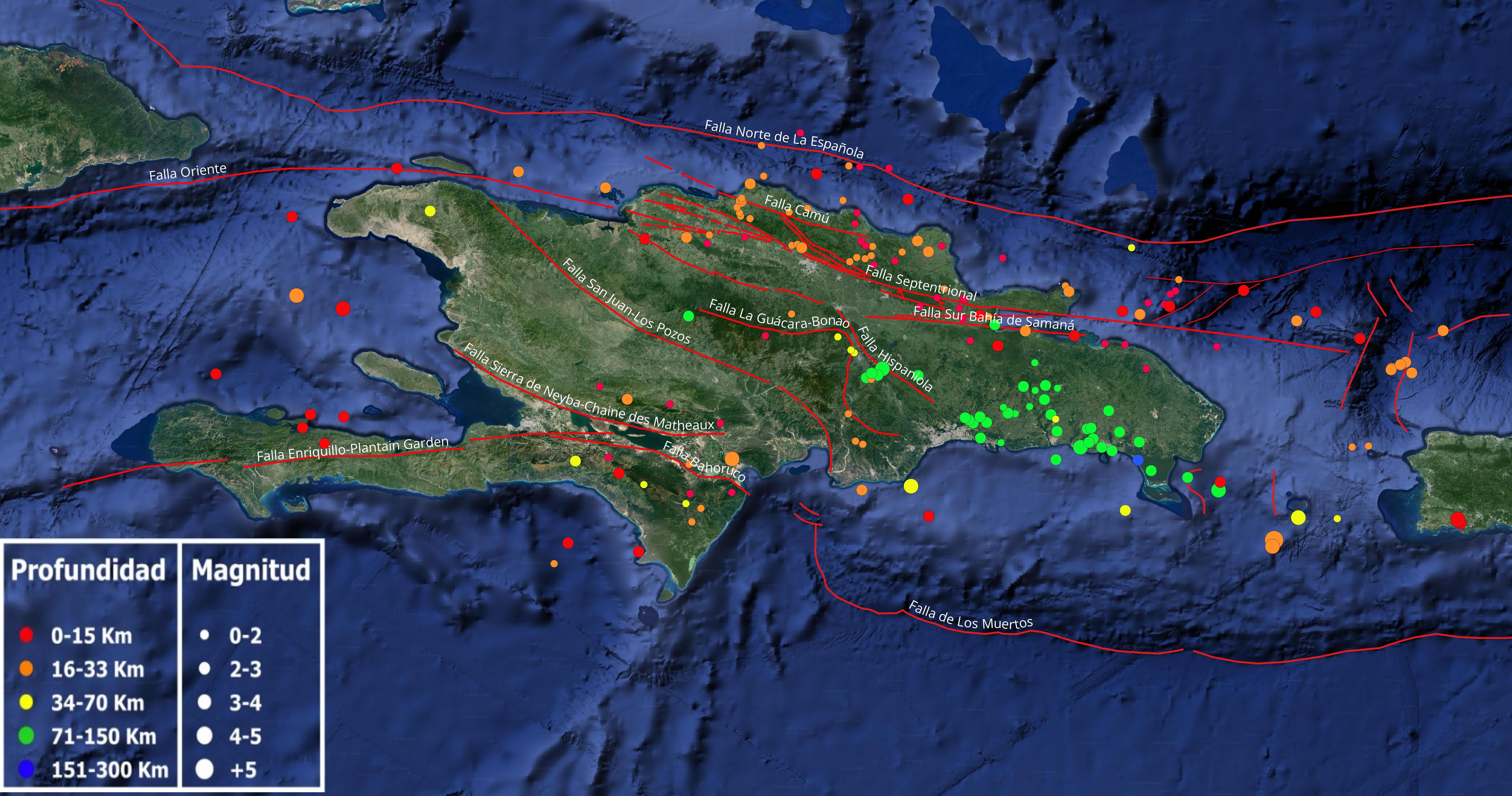 Imagen N° 1, Mapa de la isla de La Española cortesía de Google Earth mostrando distribución de la sismicidad en el mes de agosto 2024. Los lineamientos en rojo representan las principales fallas activas compiladas por diferentes estudios publicados.