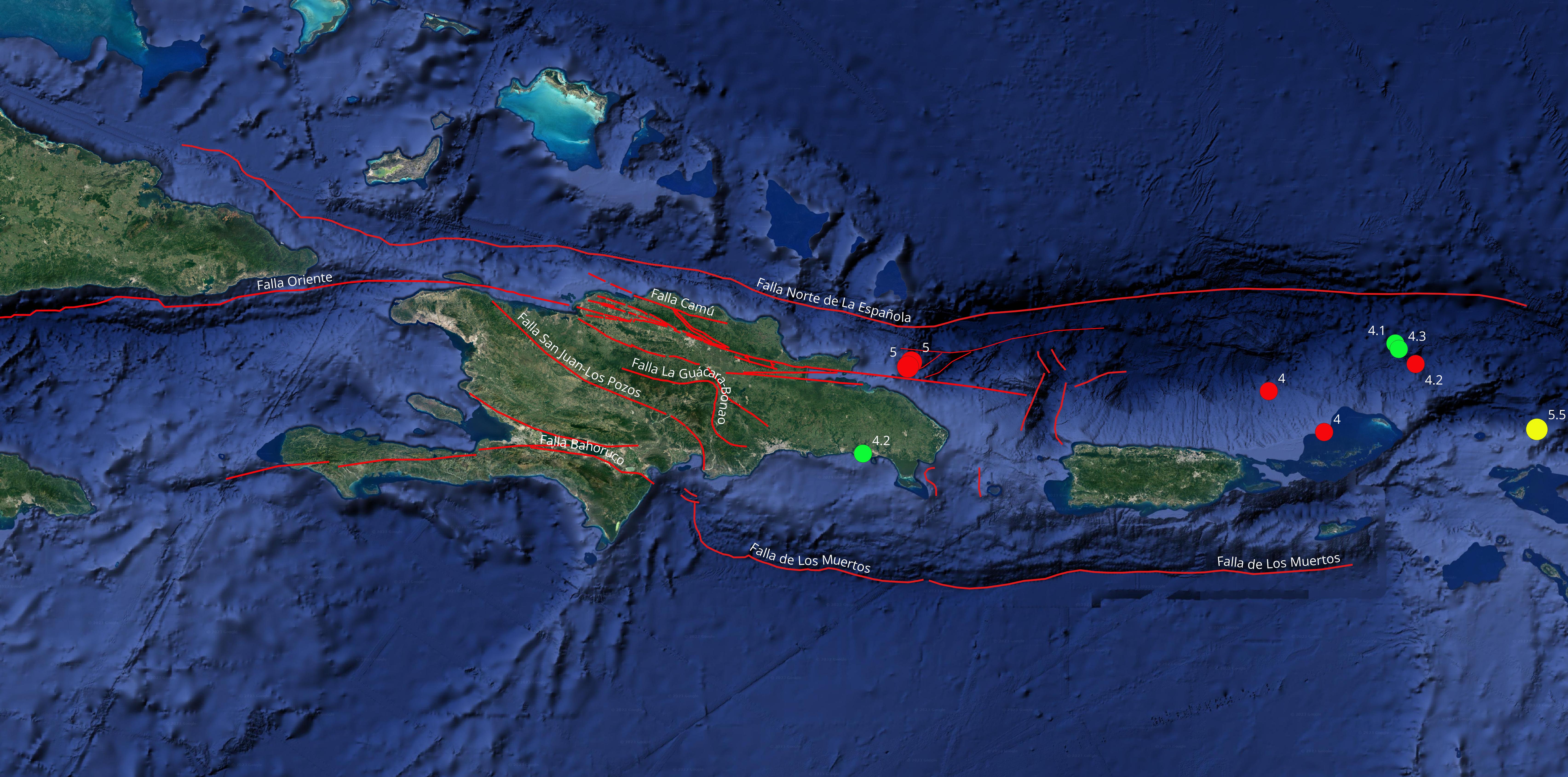 Imagen N°3, Mapa del noreste del Caribe mostrando los epicentros de los eventos sísmicos con registros de magnitudes por encima de 4.0