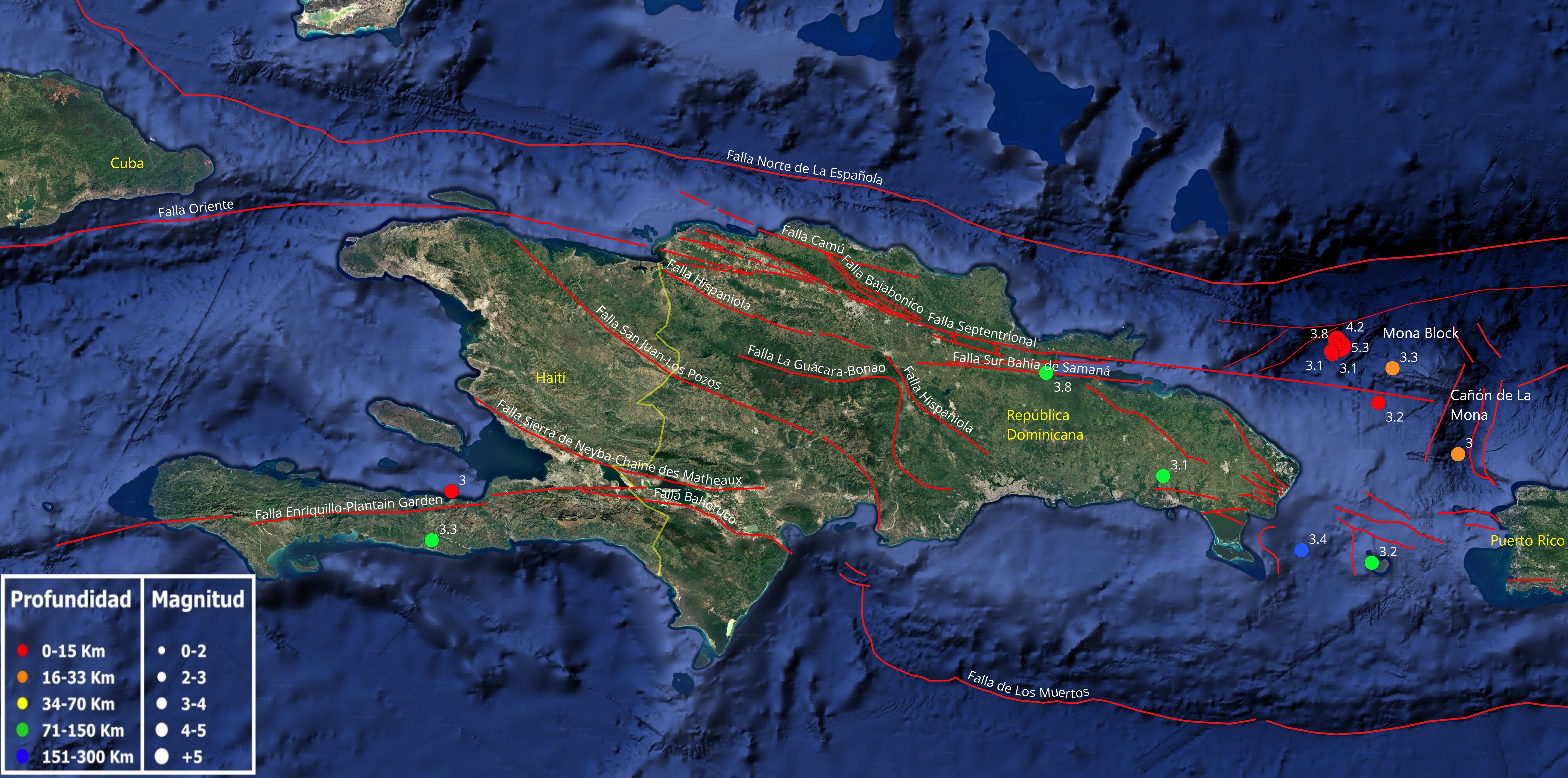 Imagen N° 2 mostrando los eventos con magnitudes de 3.0 en adelante más cercanos a la isla de La Española ocurridos durante el mes de febrero 2025