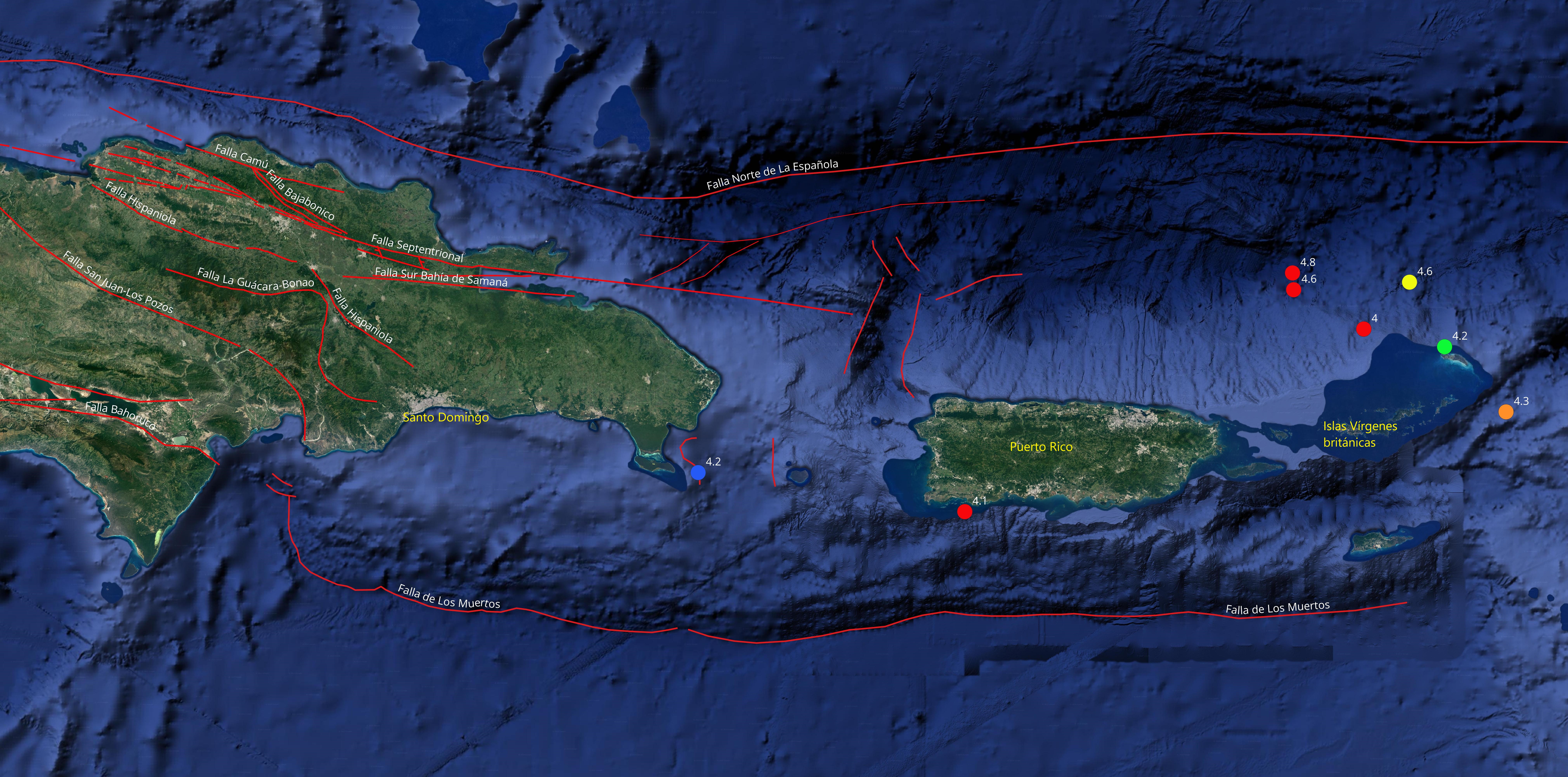 Figura 2: Mapa del noreste del Caribe mostrando los eventos sísmicos con magnitudes superiores a 4.0