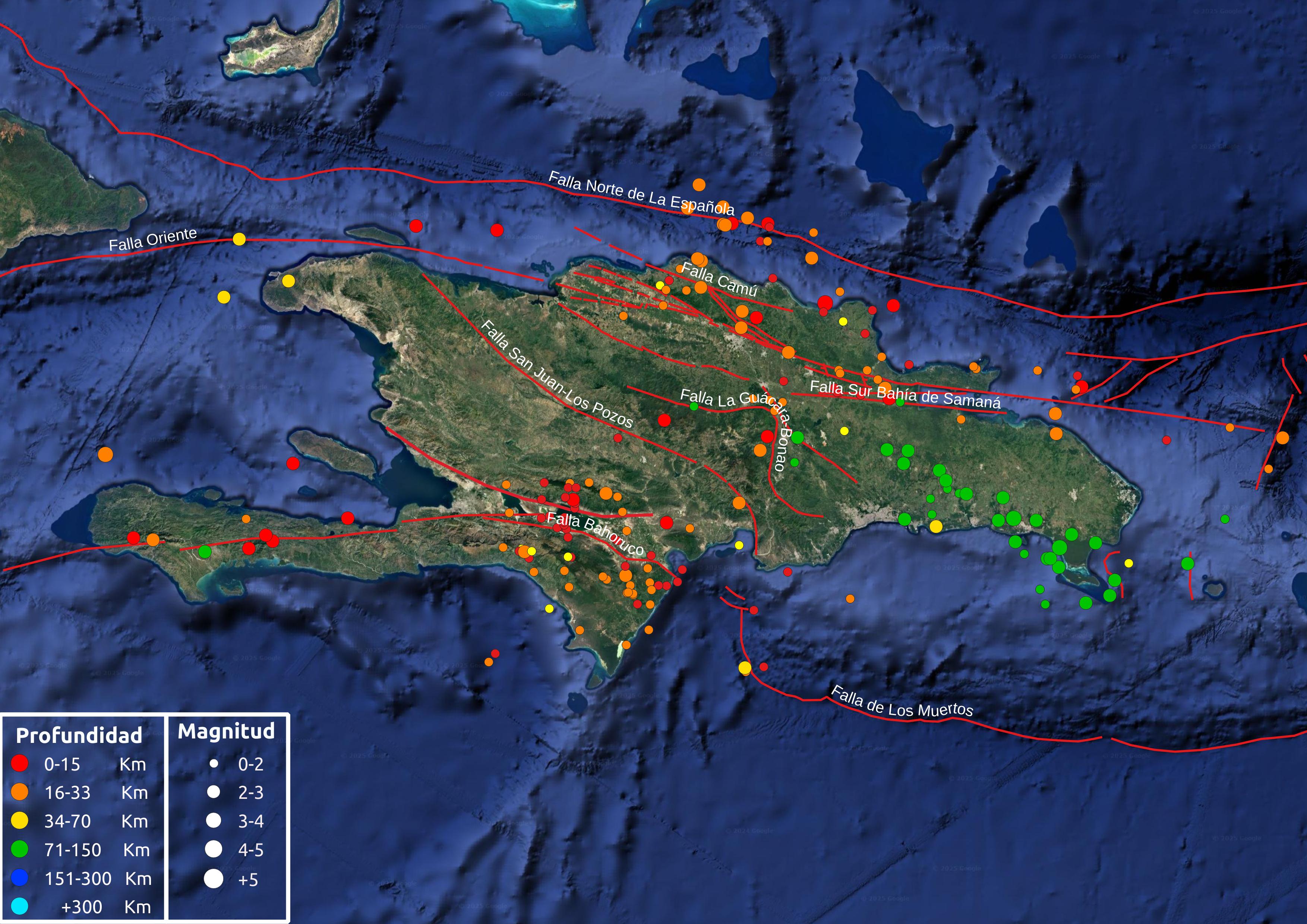 La imagen N° 1 muestra el mapa de la isla de La Española cortesía de Google Earth, en él,  se presenta la distribución de la sismicidad correspondiente al mes de enero del 2025. Este mapa es fundamental para comprender la relación entre la actividad sísmica y la tectónica de la región.