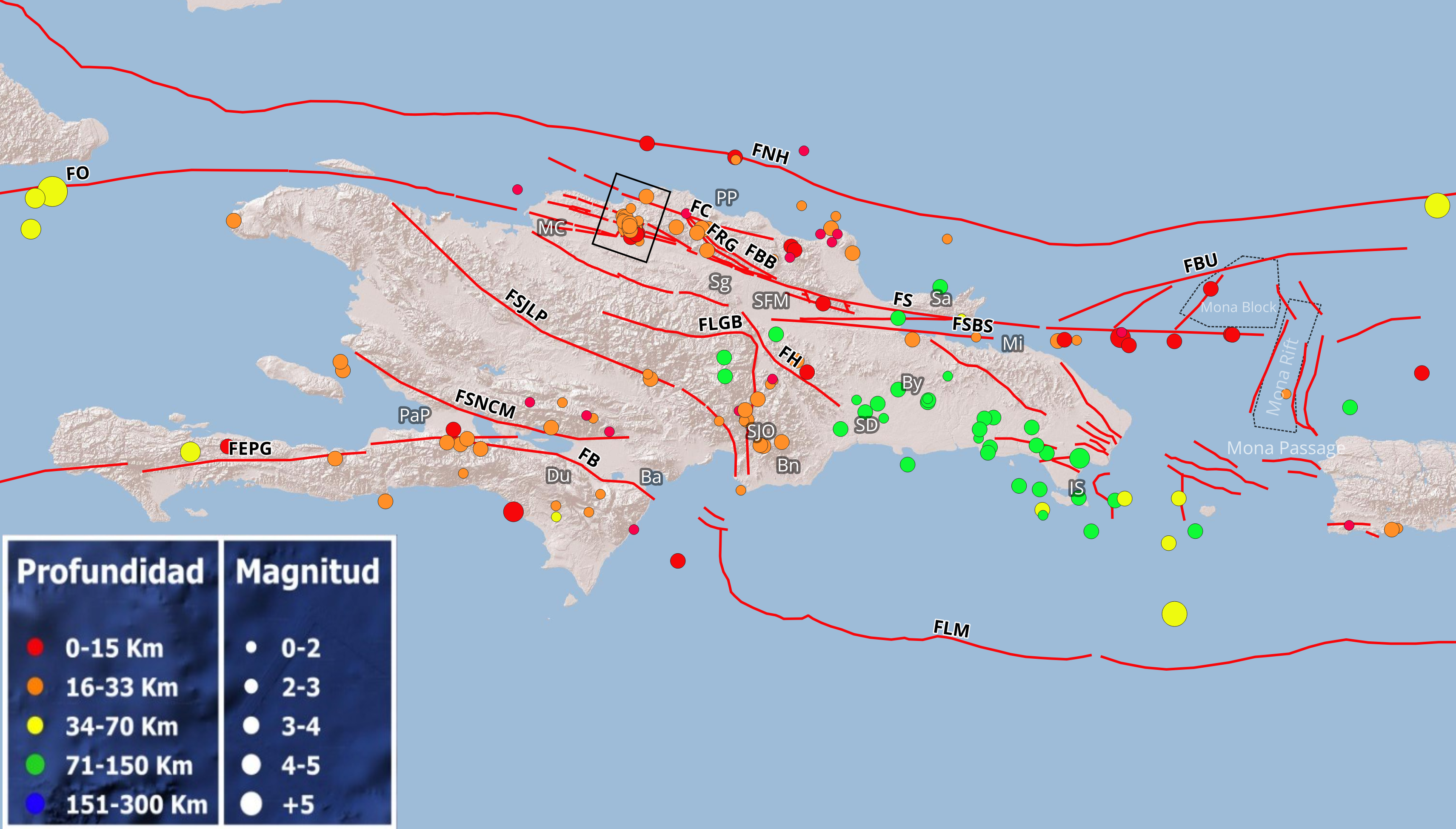 Imagen N° 1 , mapa de La Española cortesía de Esri maps mostrando con globos en colores los diferentes epicentros registrados durante el mes de noviembre 2025. Con lineamientos rojos, las principales fallas compiladas de diferentes trabajos publicados: FNH: Falla Norte de la Hispaniola, FC: Falla Camú, FRG: Falla Rio Grande, FS: Falla Septentrional, FO: Falla Oriente, FBU: Falla Bunce, FSBS: Falla Sur Bahía de Samaná, FY: Falla Yabón, FH: Falla Hispaniola, FLGB: Falla La Guácara-Bonao, FSJLP: Falla San Juan-Los Pozos, FSNCM: Falla Sierra de Neiba-Chaines des Matteaux, FEPG: Falla Enriquillo-Plantain Garden, FB: Falla Bahoruco, y FLM: Falla Los Muertos. PaP: Puerto Príncipe, PP: Puerto Plata, Ba: Barahona, SD: Santo Domingo, Bn: Baní, Du: Duvergé, MC: Monte Cristi, Sg: Santiago, SFM: San Francisco de Macorís, By: Bayaguana, Sa: Samaná, Mi: Miches, SJO: San José de Ocoa, IS: Isla Saona. Recuadro negro: Enjambre sísmico&nbsp; amplificado en Imagen N° 2
