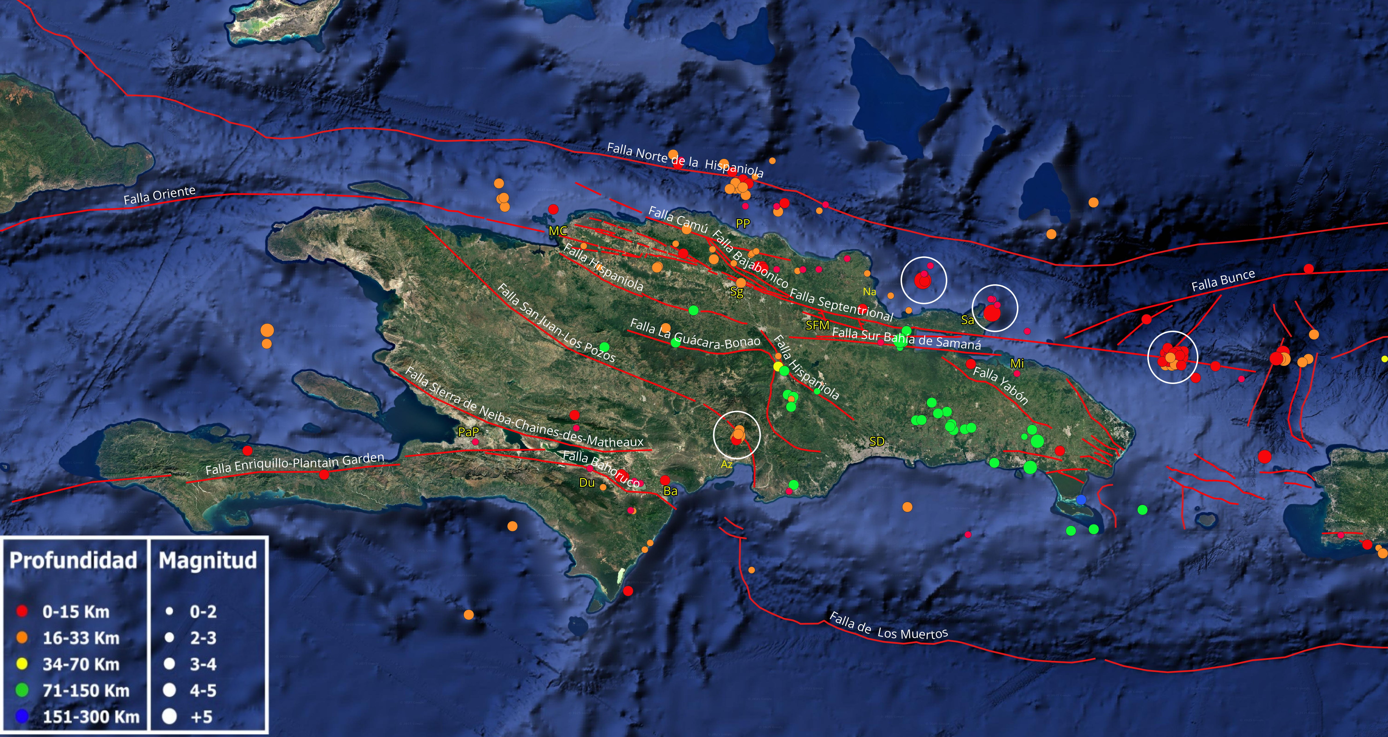 Imagen N° 1 , mapa de La Española cortesía de Google Earth mostrando con globos en colores los diferentes epicentros registrados durante el mes de junio 2025. Con lineamientos rojos, las principales fallas compiladas de diferentes trabajos publicados. Se resaltan en circunferencias blancas las cuatro principales áreas donde han ocurrido pequeños enjambres. Na: Nagua, Az: Azua, Sa: Samaná