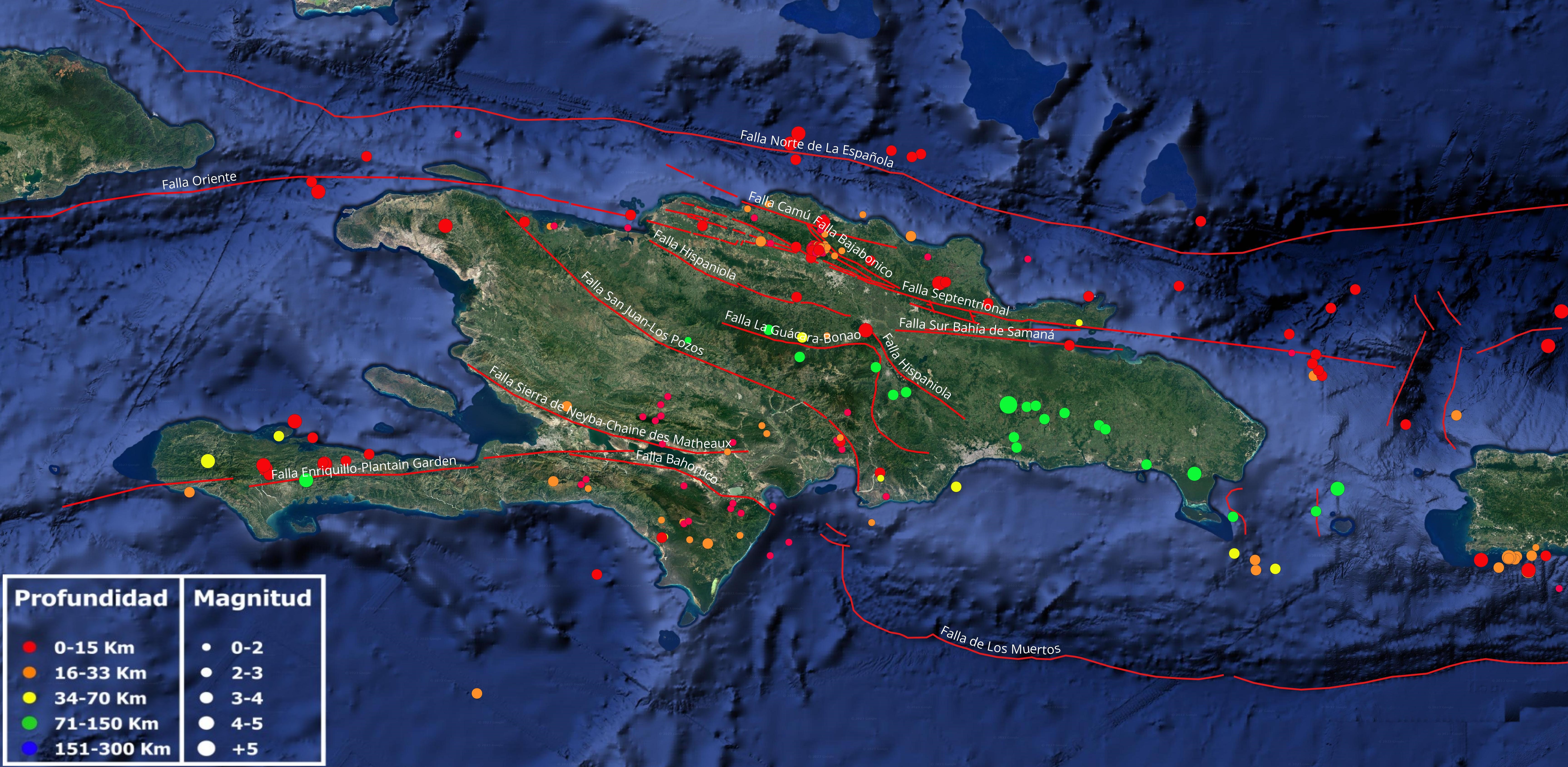 Imagen N°1 : Mapa cortesía de Google Earth mostrando distribución de la sismicidad en el mes de septiembre 2023. Con líneas rojas, las principales fallas geológicas compiladas por diferentes autores según trabajos publicados