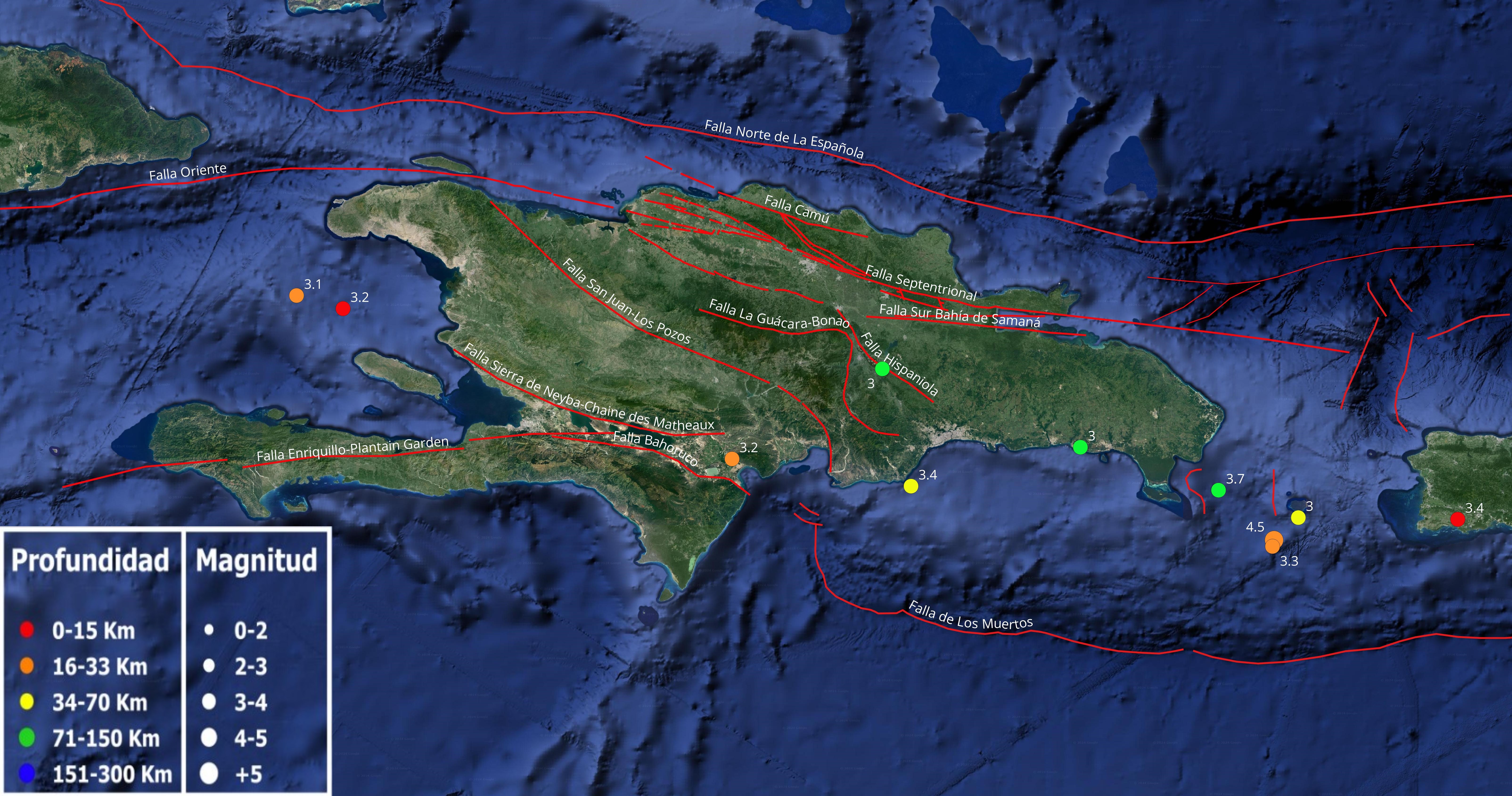 Imagen N° 2, Mapa de la isla de La Española con los temblores más significativos por magnitud (Ml >= 3.0)