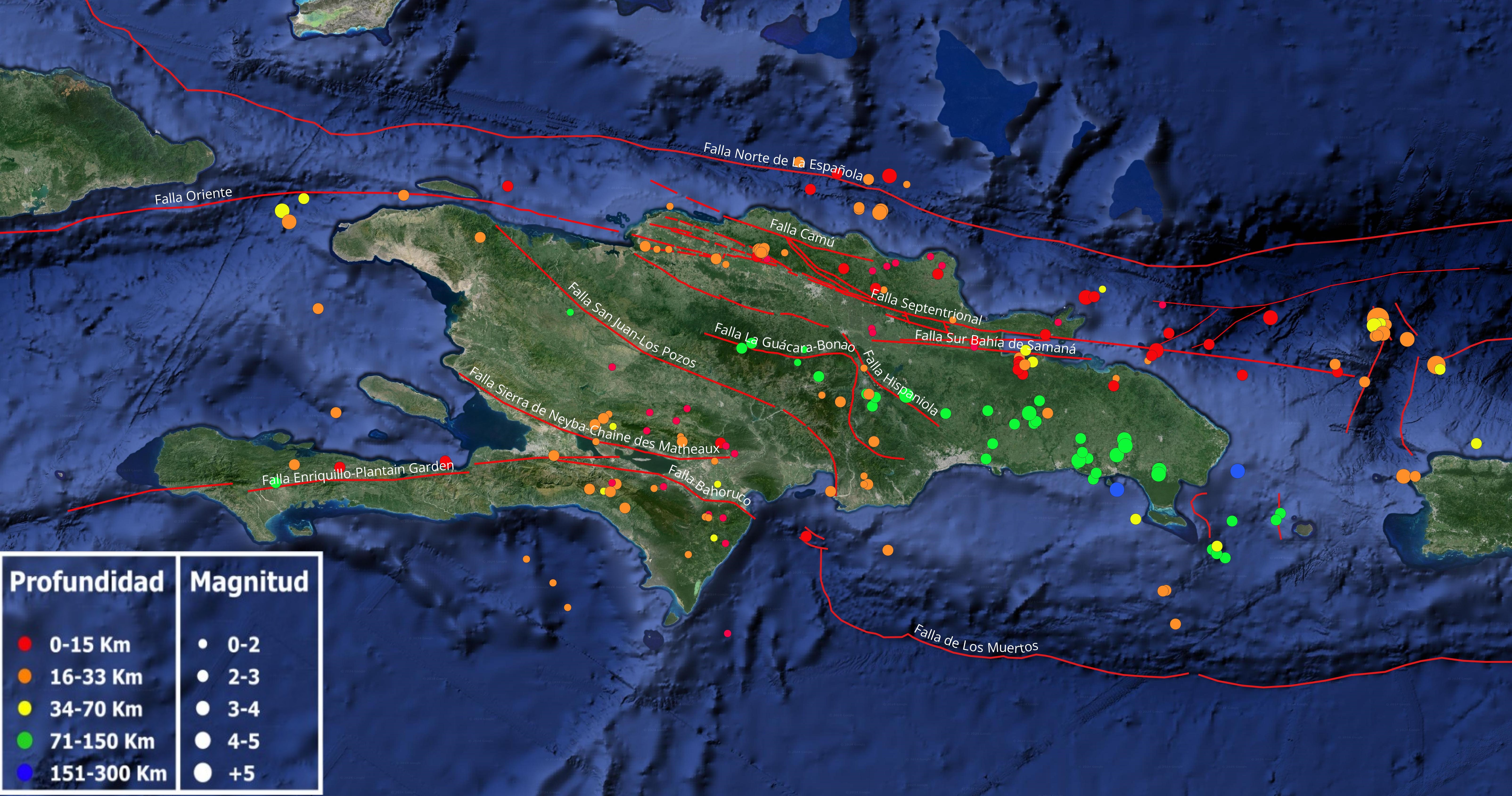 Imagen N° 1: Mapa cortesía de Google Earth mostrando sismicidad sobre la isla de La Española y alrededores en el pasado mes de mayo. Los lineamientos en rojo indican las principales falla geológicas activas compiladas por diferentes autores de sus estudios publicados.