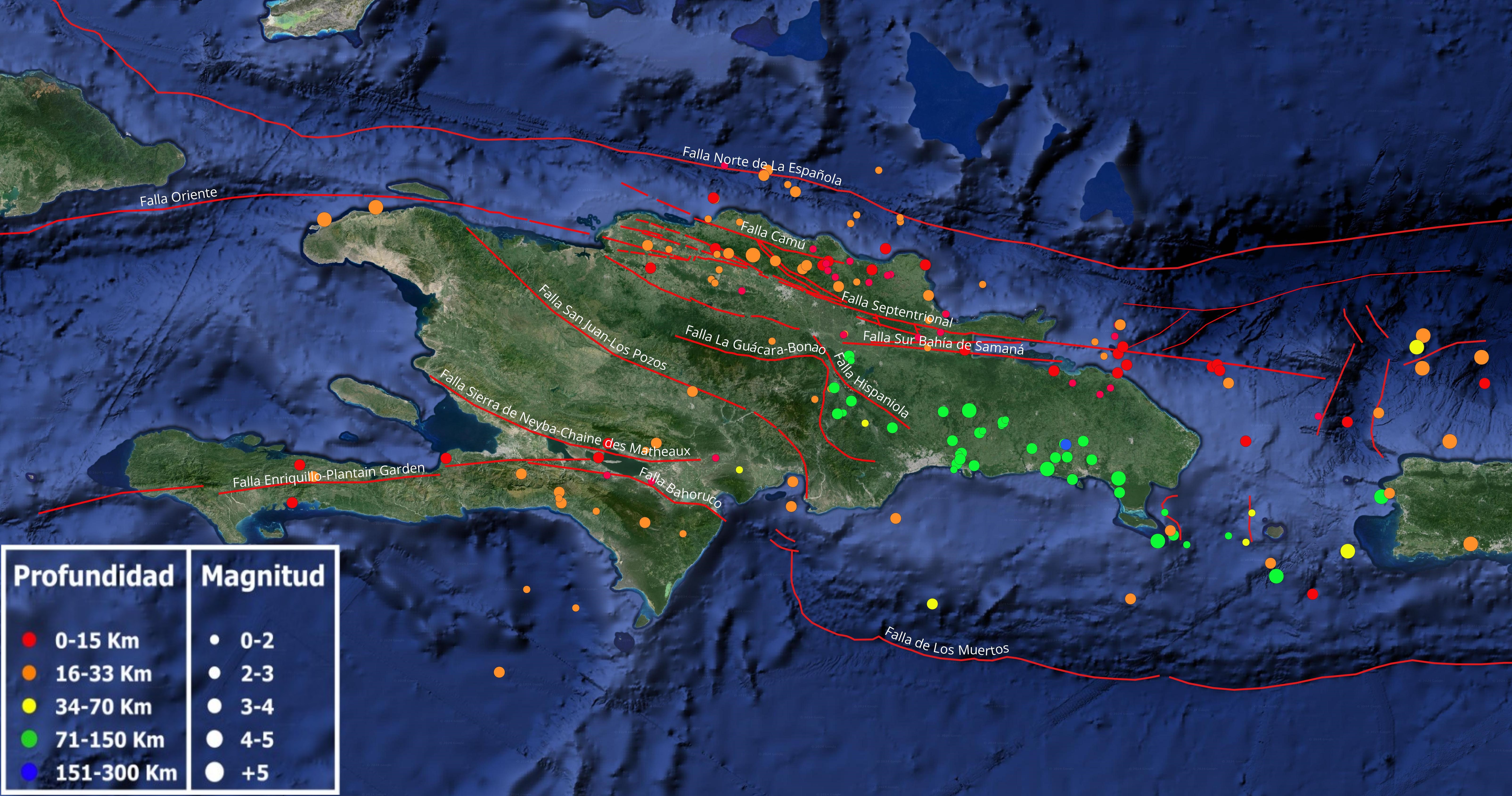 Imagen N° 1: Mapa cortesía de Google Earth mostrando sismicidad sobre la isla de La Española y alrededores en el pasado mes de junio. Los lineamientos en rojo indican las principales fallas geológicas activas compiladas por diferentes autores de sus estudios publicados. En los alrededores de la Falla San Juan-Los Pozos y por debajo de La Falla Guácara-Bonao, tenemos una baja actividad sísmica.