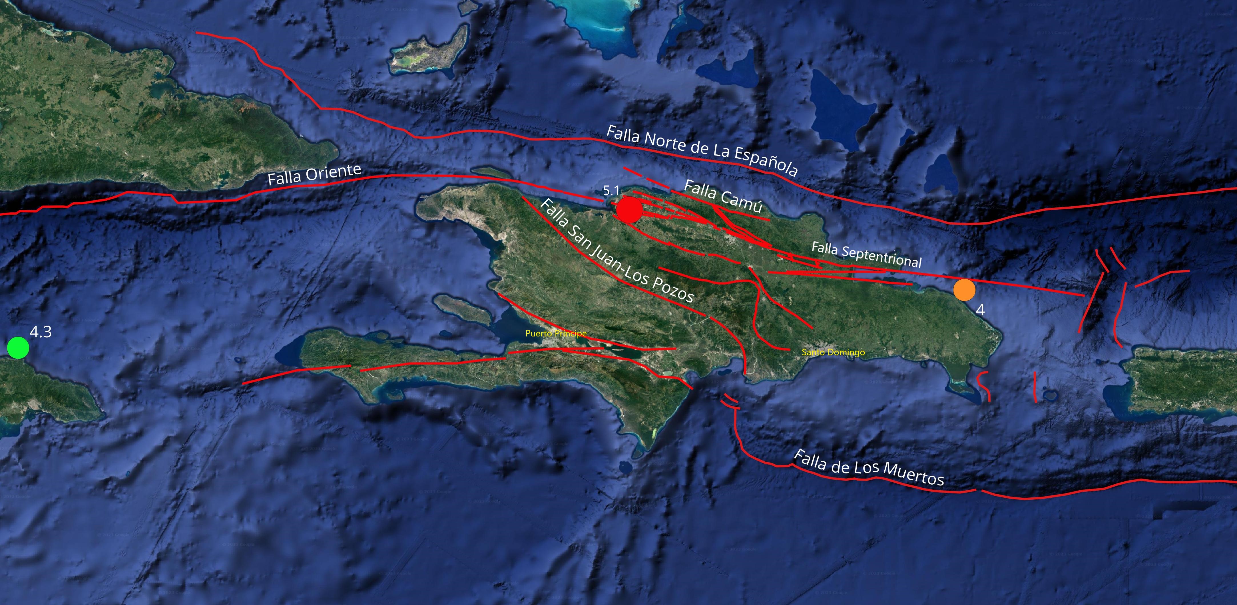 Imagen N° 2: Mapa parcial del Caribe mostrando los 3 eventos de magnitudes superiores o igual a 4.0. Su magnitud (Escala Richter) esta indicada al lado del epicentro)