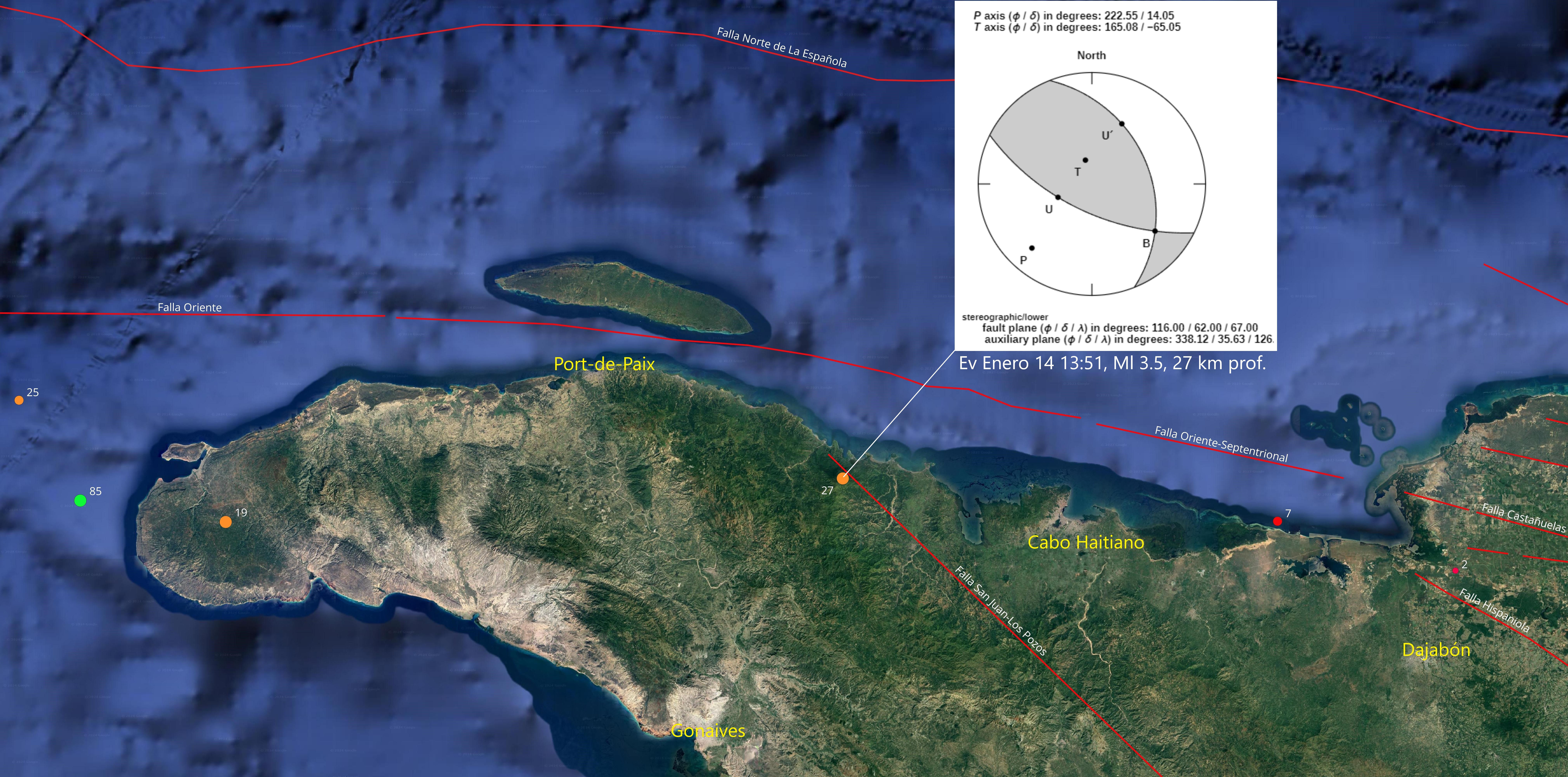 Figura 4, Mapa del norte de Haití mostrando epicentro del temblor de magnitud 3.5 entre Cabo Haitiano y Port-de-Paix con recuadro indicando mecanismo focal obtenido