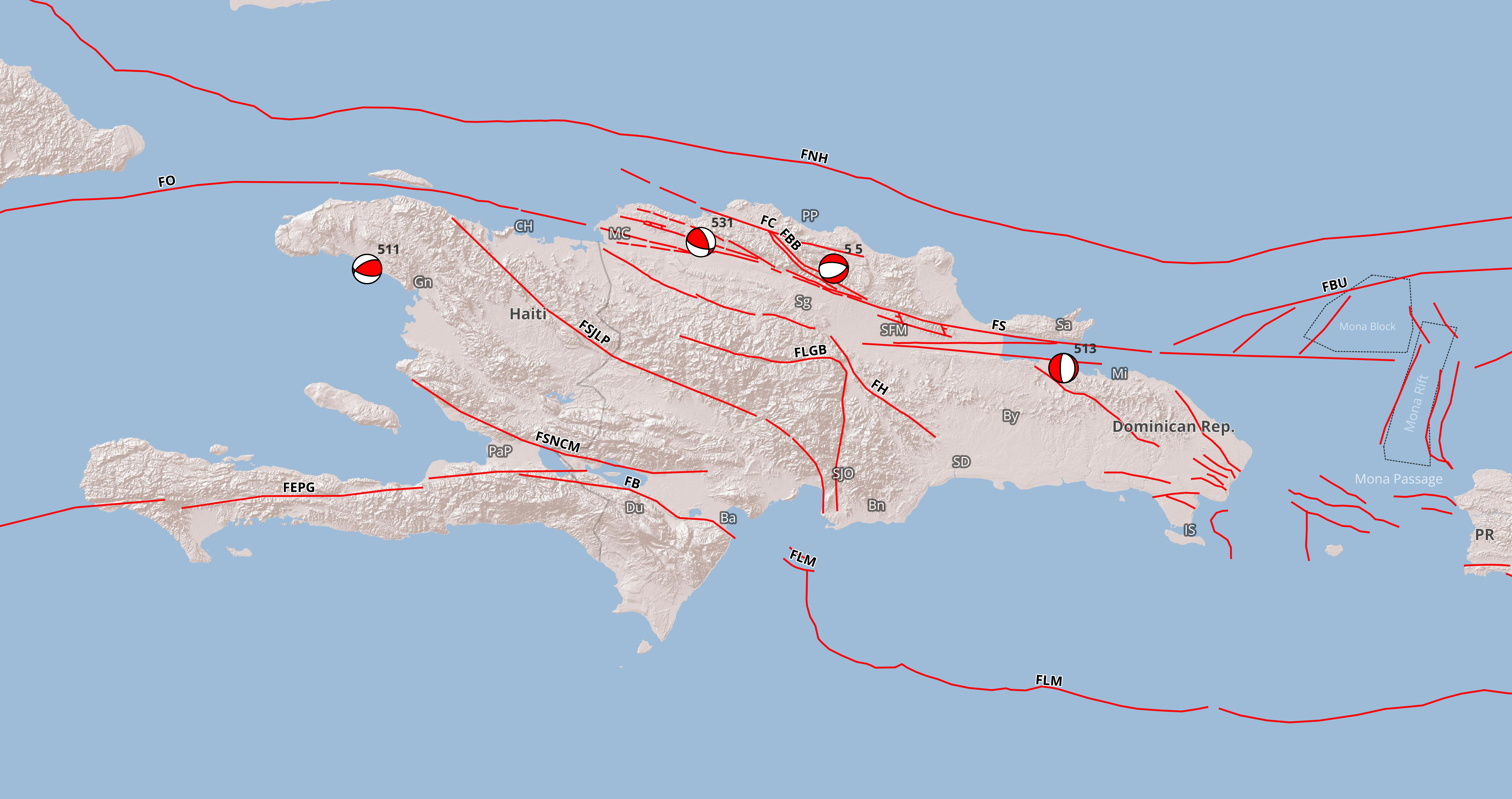 Imagen N° 2 , mapa de La Española cortesía de Esri maps mostrando con globos de playa (Beach Balls) la representación de los diferentes mecanismos focales obtenidos: 511: Temblor Ml 4.0, 11 de mayo. 531: Temblor Ml 2.9, 31 de mayo. 5 5: Temblor Ml 2.4, 5 de mayo. 513: Temblor Ml 2.6, 13 de mayo. Fallas y principales ciudades, ver leyenda Imagen N°1